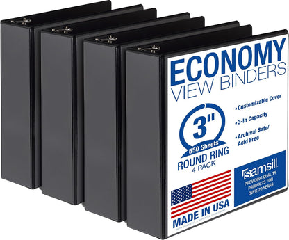 Samsill Carpeta de 3 anillas de 1.5 pulgadas, fabricada en Estados Unidos, anillo redondo económico, cubierta de visión transparente, capacidad de 325 hojas, para escuela, hogar, oficina, negro, - Negro - - 4 paquetes - 3 pulgadas