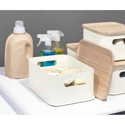 iDesign cubeta de Almacenamiento Mediano de plástico Reciclado con Asas y Tapa de Madera de Paulownia, 8.4 x 11 x 5 Pulgadas, Coco