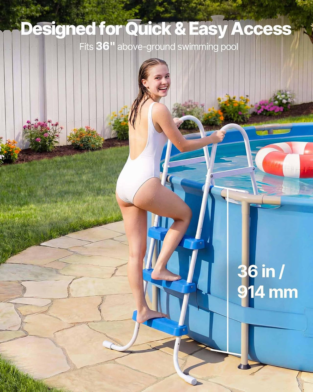 VEVOR Escalera para Piscina Desmontable de 3 Peldaños hasta 136 kg, Escalera de Seguridad de Acero al Carbono Antideslizante con Pasamanos Ergonómicos, Patas de Goma para Piscina Elevada de 91,4 cm