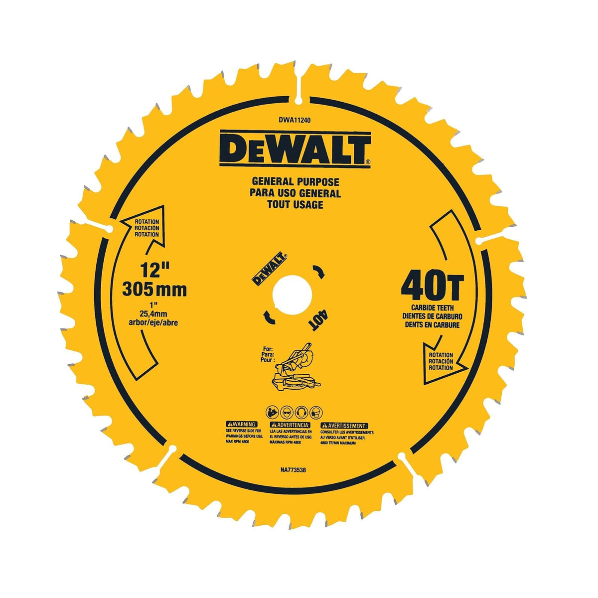 DEWALT 12 pulgadas. Hoja de sierra de uso general 40T (DWA11240)