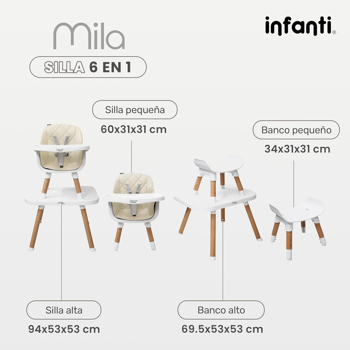 INFANTI | Silla para Bebe Alta 3 en 1 MILA | Convertible para Bebes de 6 Meses a 25 kg | Arnés de 5 Puntos y Charola Ajustable - Fácil de Limpiar y Ligera | Color Beige