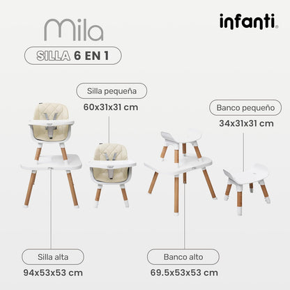 INFANTI | Silla para Bebe Alta 3 en 1 MILA | Convertible para Bebes de 6 Meses a 25 kg | Arnés de 5 Puntos y Charola Ajustable - Fácil de Limpiar y Ligera | Color Beige