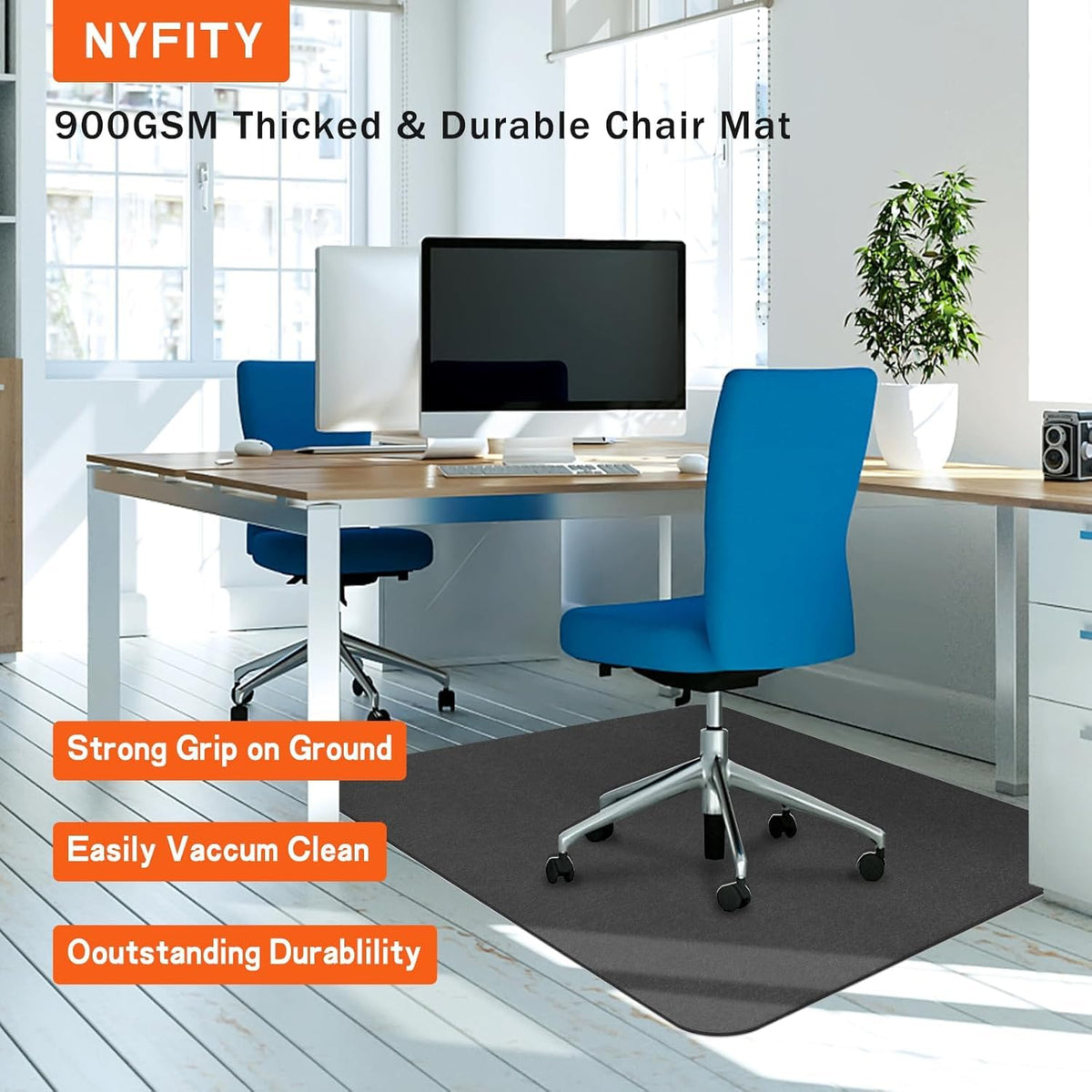 NYFITY - Tapete para Silla de Oficina para Suelos Duros, Antideslizante, Resistente para Silla de computadora para Piso de Madera Dura, 30 x 55 Pulgadas, Negro