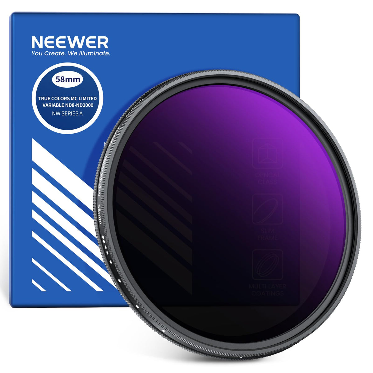 NEEWER 58mm Filtro ND Variable (ND8-2000), True Color & Pasos Duros, Filtro Lente Densidad Neutra Limitada de 3 a 11 Pasos para Cámaras DSLR sin Espejo, Cristal Óptico Multicapa, Marco Alumnio