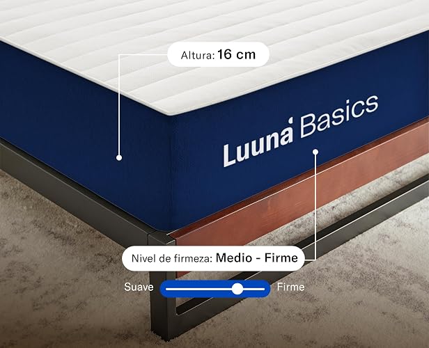 Luuna Basics 1 Colchón Individual, Colchón de Espuma de Alta Densidad, 16cm de Altura, Firmeza Media, Colchones en Caja, 1 Capa, Colchón Fresco