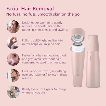 Philips Depiladora Facial Portátil Serie 5000 Para Mujer | Elimina el vello facial con precisión | Luz LED integrada | Cabezal hipoalergénico | Compacta e inalámbrica | BRR454/00