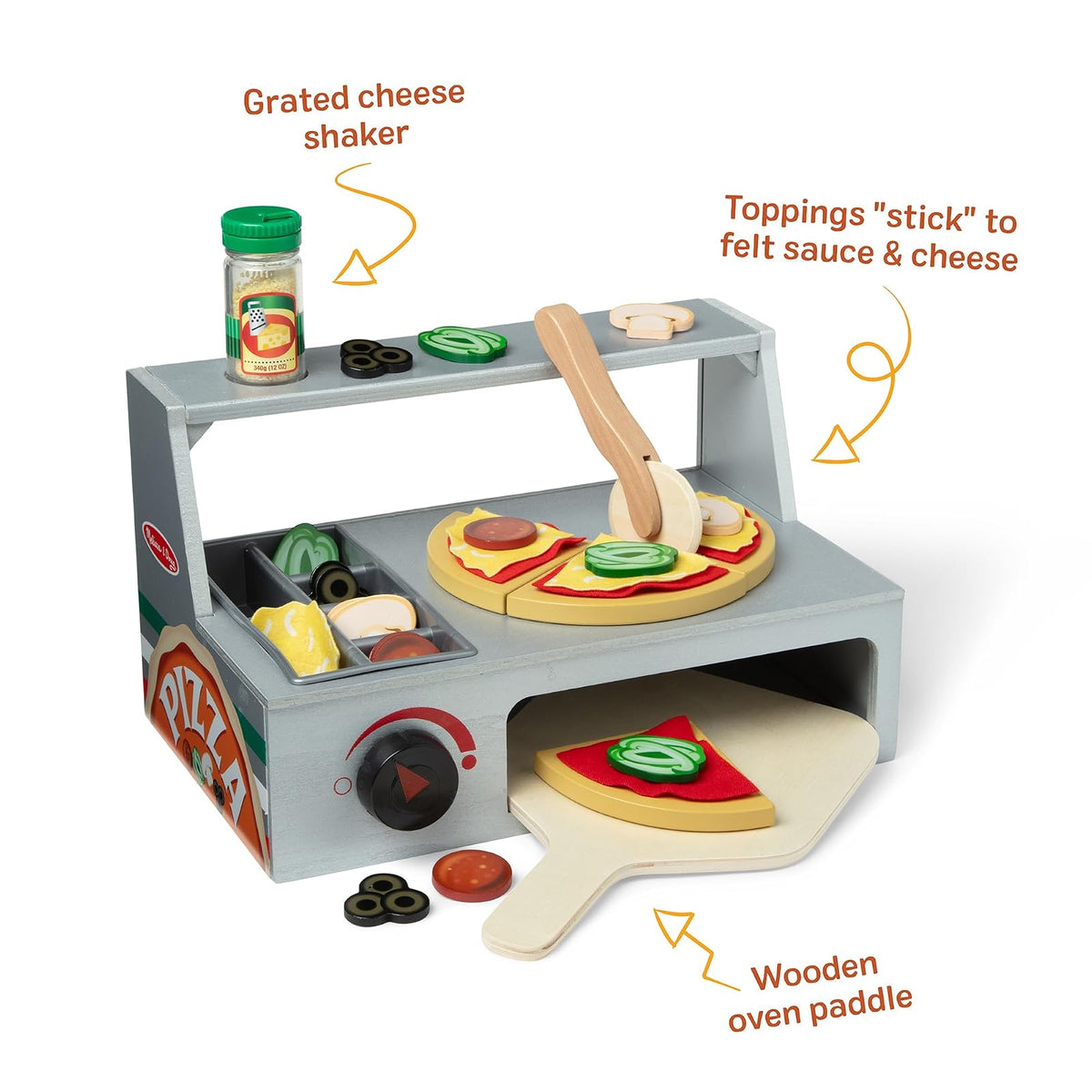 Melissa & Doug Mostrador para Hornear y Alistar Pizza, Juguete de Madera, Juego de Imitación, Ayuda a Fortalecer el Desarrollo Cognitivo (34 Piezas)