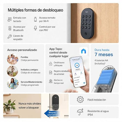 TP-Link Tapo DL100 Cerradura Digital WiFi con Teclado - 4 Modos de Acceso - Hasta 200 Códigos - Batería de Larga Duración - Comandos de Voz - Bloqueo Automático - App Tapo - Protección IP54