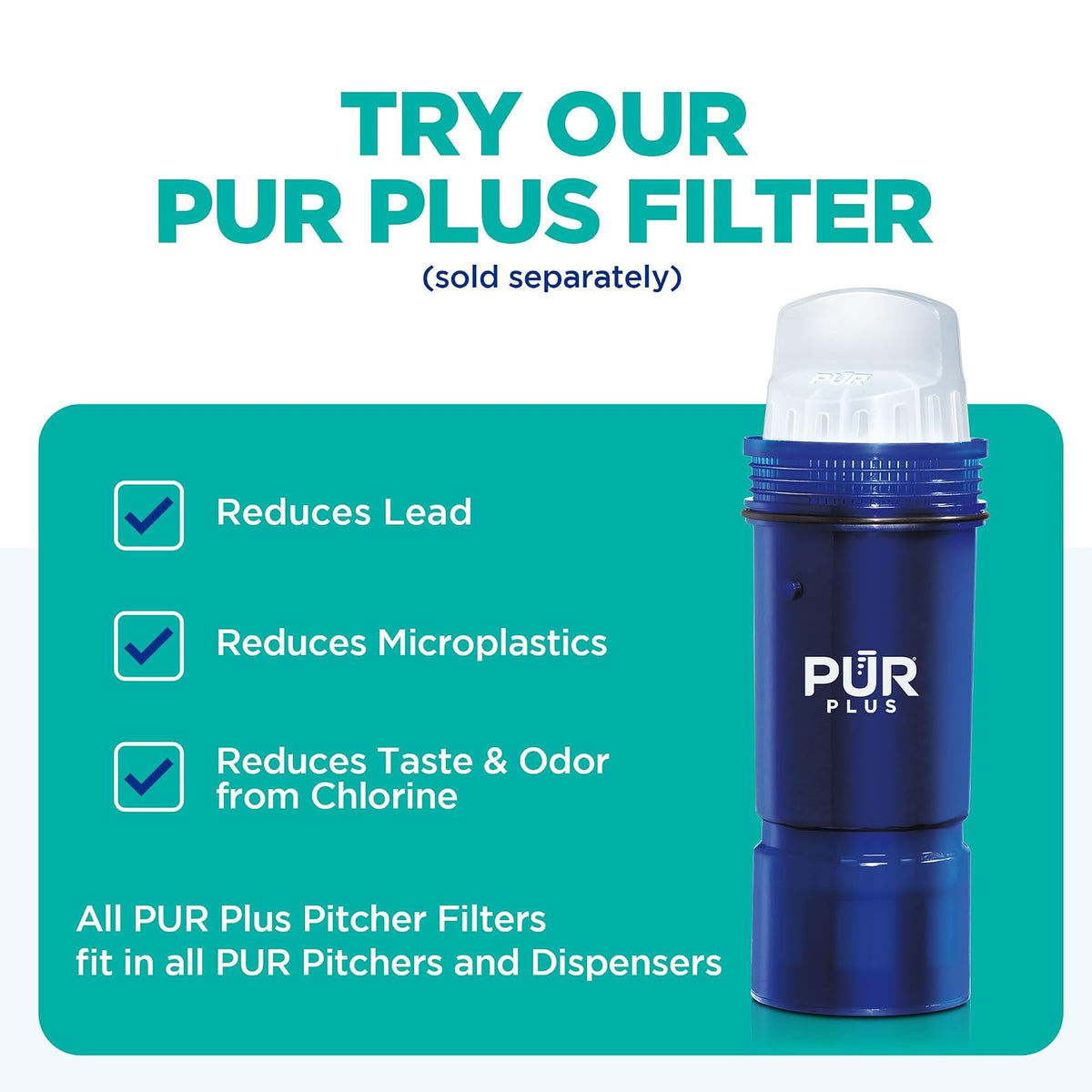 PUR - Jarra de agua de 7 tazas, 1 filtro original, limpiador, agua de gran sabor, apta para lavaplatos, potente, filtración más rápida, diseño de tapa LockFit, color blanco