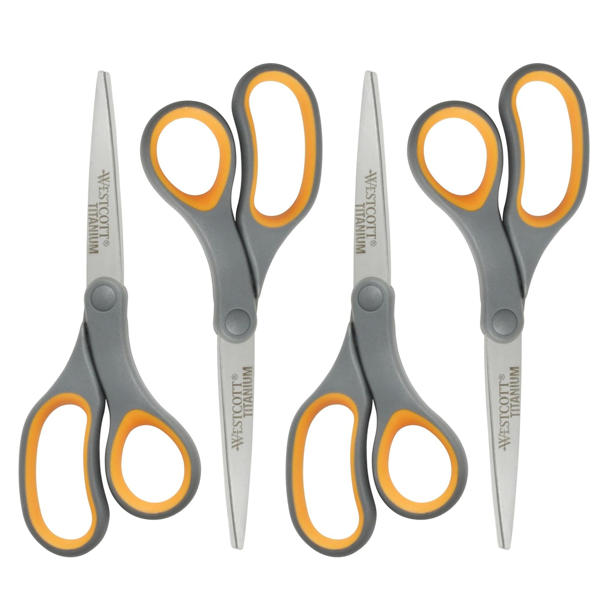 Westcott Tijeras de titanio adheridas, agarre suave, 8 pulgadas, rectas, gris/amarillo, paquete de 4