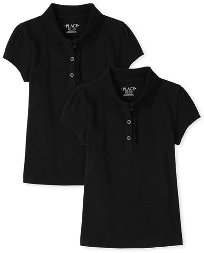 The Children's Place Polo Piqué Manga Corta con Volantes Niña - 2XG - Negro paquete de 2
