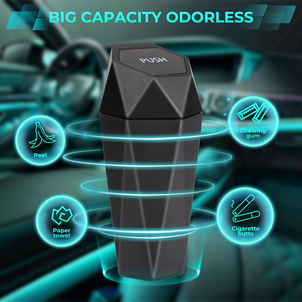 Tecfino Bote de Basura para Automóvil con Tapa, 2 Paquetes de Mini Basura con diseño de Diamante para Automóvil, cubeta de Basura portátil para portavasos y Puerta de Automóvil