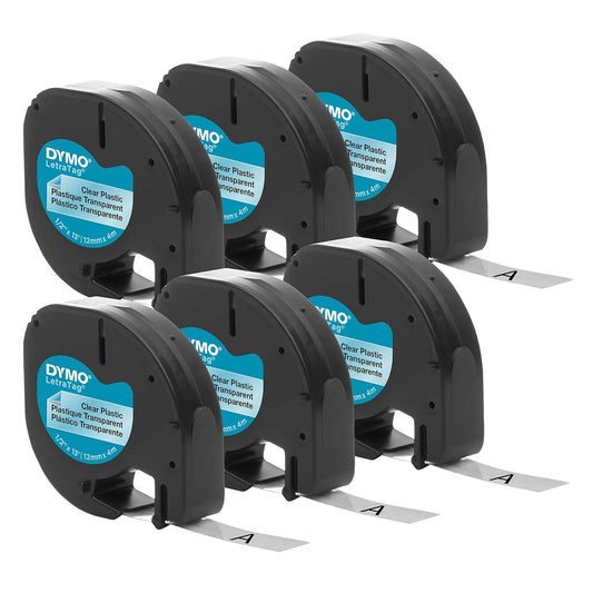 DYMO - Cinta de etiquetado de plástico auténtica LT para fabricantes de etiquetas LetraTag, 1/2 pulgadas (12 mm), impresión negra en cinta transparente, paquete de 6