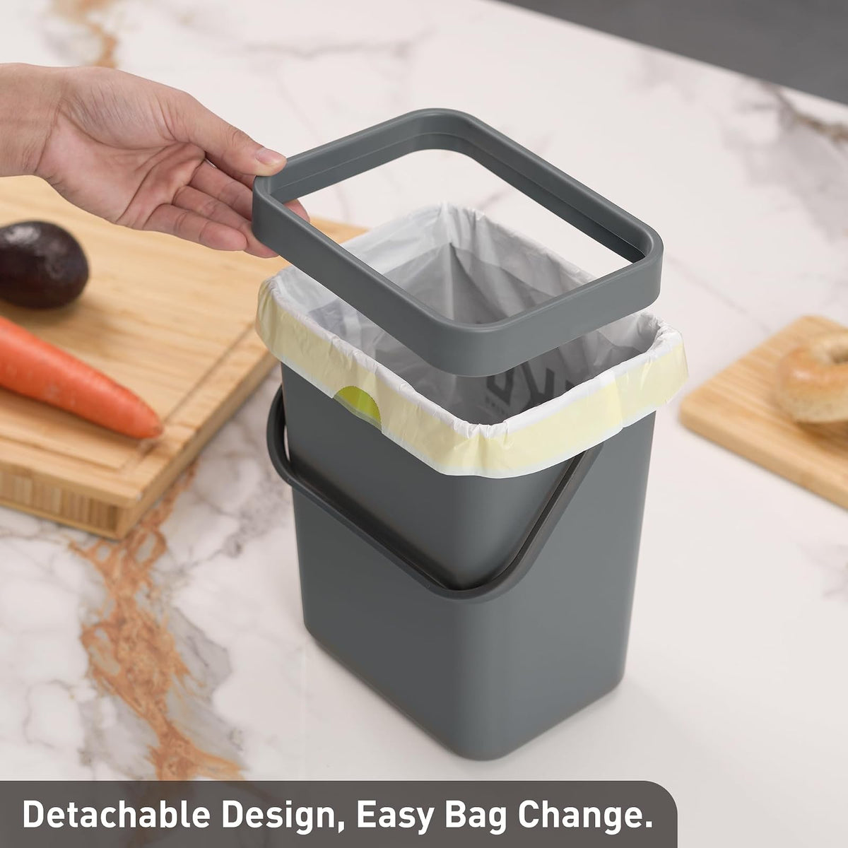 EKO Puro - Mini cubeta de basura para colgar en la pared con tapa, cubeta de compostaje de residuos de alimentos para interiores, 0.79 galones / 3L pequeño cubeta de basura para cocina (gris)