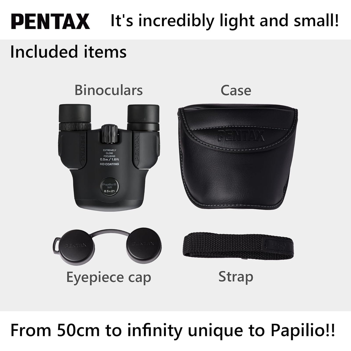 PENTAX Papilio III 8,5 x 21 WR Negro, 50 cm de Primer Plano a Infinity Focus, Cuerpo Resistente a la Intemperie, Nuevo Revestimiento HD, Adecuado para observar Objetos pequeños, para Viajes