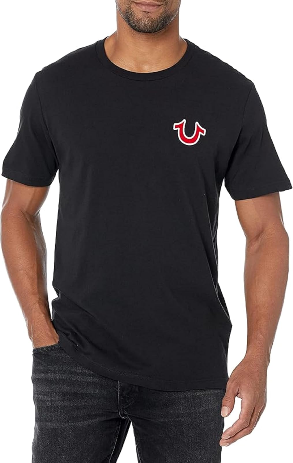 True Religion Men's Buddha Logo Short Sleeve Tee | Algodón suave, transpirable | Cuello redondo, ajuste clásico | Logotipo de pecho audaz | Camisetas gráficas para hombre