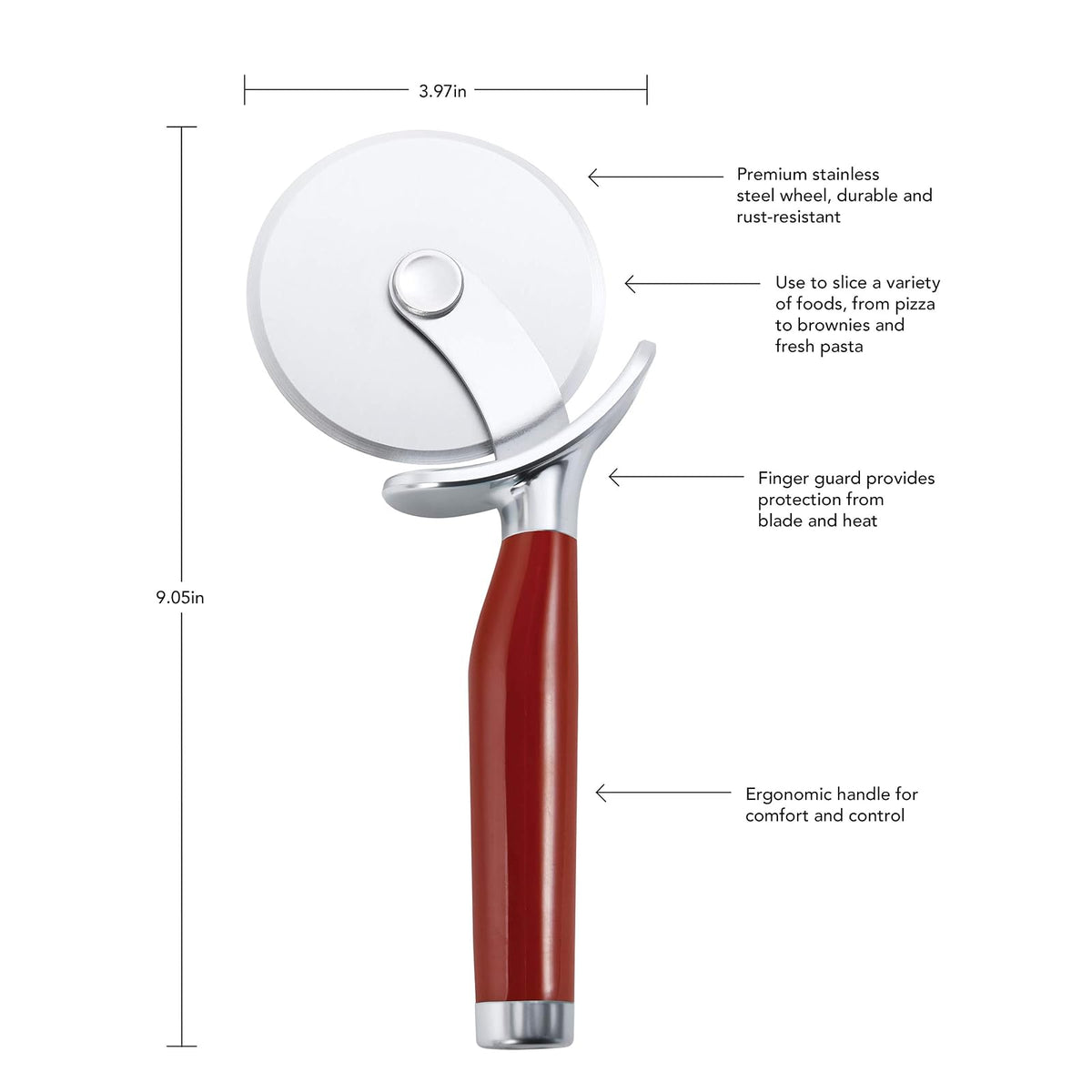KitchenAid - Rueda de pizza clásica con hoja afilada para cortar cortezas, pasteles y más, protector de dedos integrado para mayor seguridad y agarre cómodo para proteger los dedos, apto para