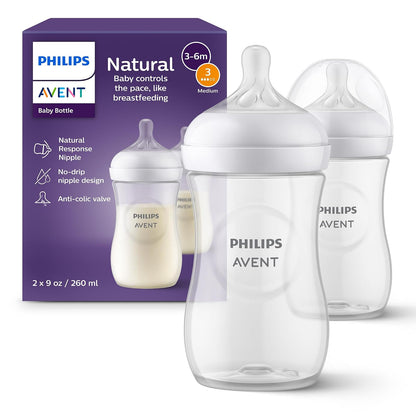 Philips Avent SCY903/02 - Biberones naturales con pezones de respuesta natural (flujo medio, flujo 3), 9 onzas, paquete de 2 unidades