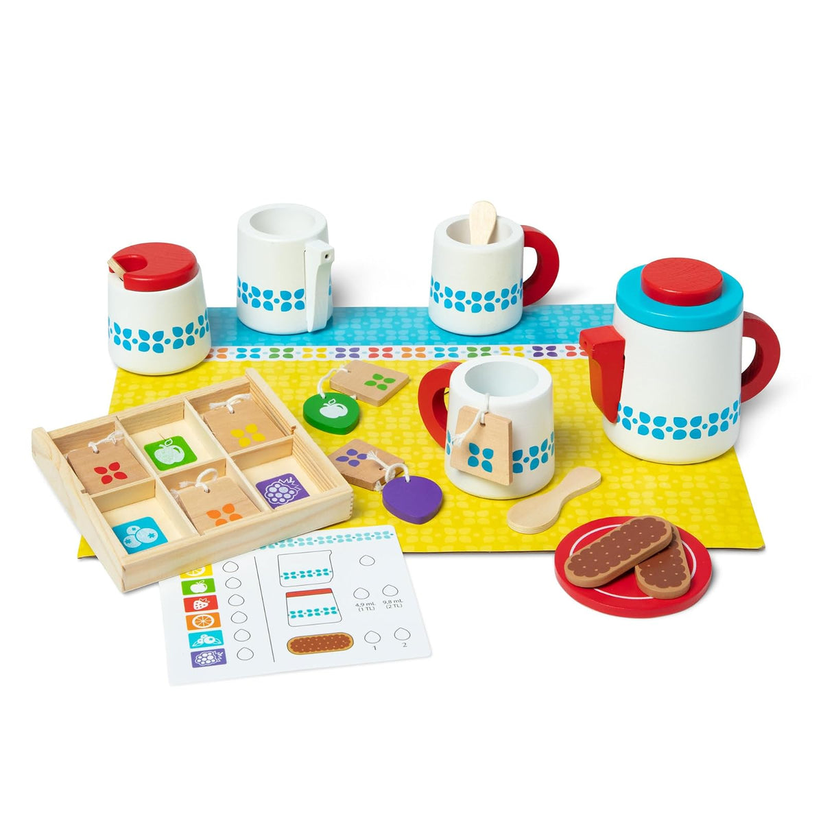 Melissa & Doug Juego para Preparar y Servir el Té, Juguete de Madera, Juego de Imitación, Set de Servicio de Té, Colores