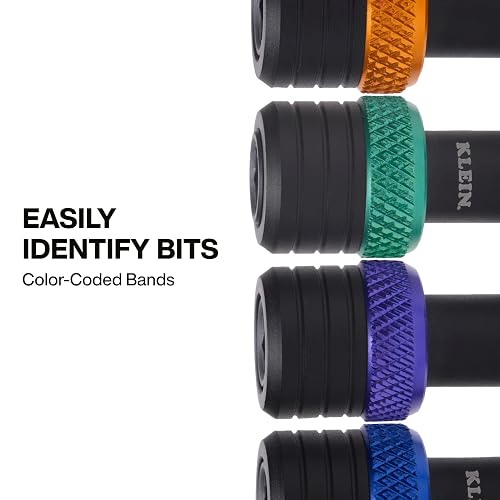 KLEIN TOOLS K33850 | Llavero Portapuntas | Brocas Hexagonales 1/4 | Colores | Organiza tus brocas hexagonales de 1/4 pulgadas en un llavero con mosquetón y bandas de color para identificarlas rápido.