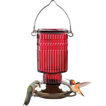 Nature's Way - Alimentador de colibrí de Vidrio Colgante para decoración al Aire última intervensión, 22 onzas de Capacidad, 4 Puertos Flexibles fáciles de Limpiar, Color Rojo