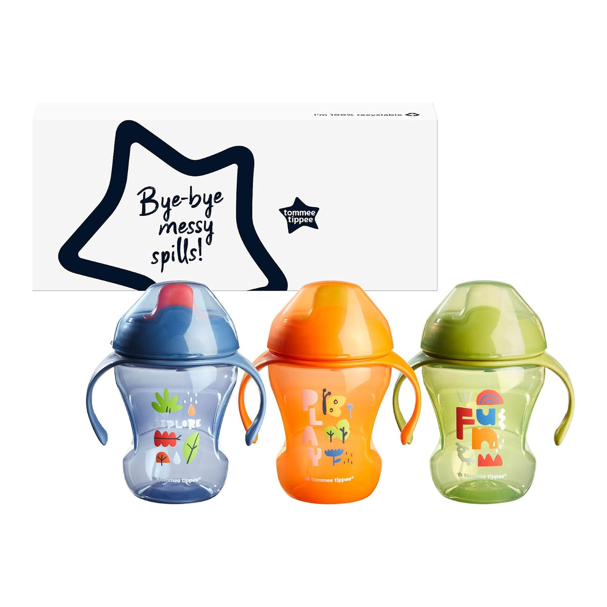 Tommee Tippee Sippee Trainer Cup with Handles, Water Bottle for Toddlers, Spill-Proof, BPA Free, 8oz, 7m+, Pack of 3
