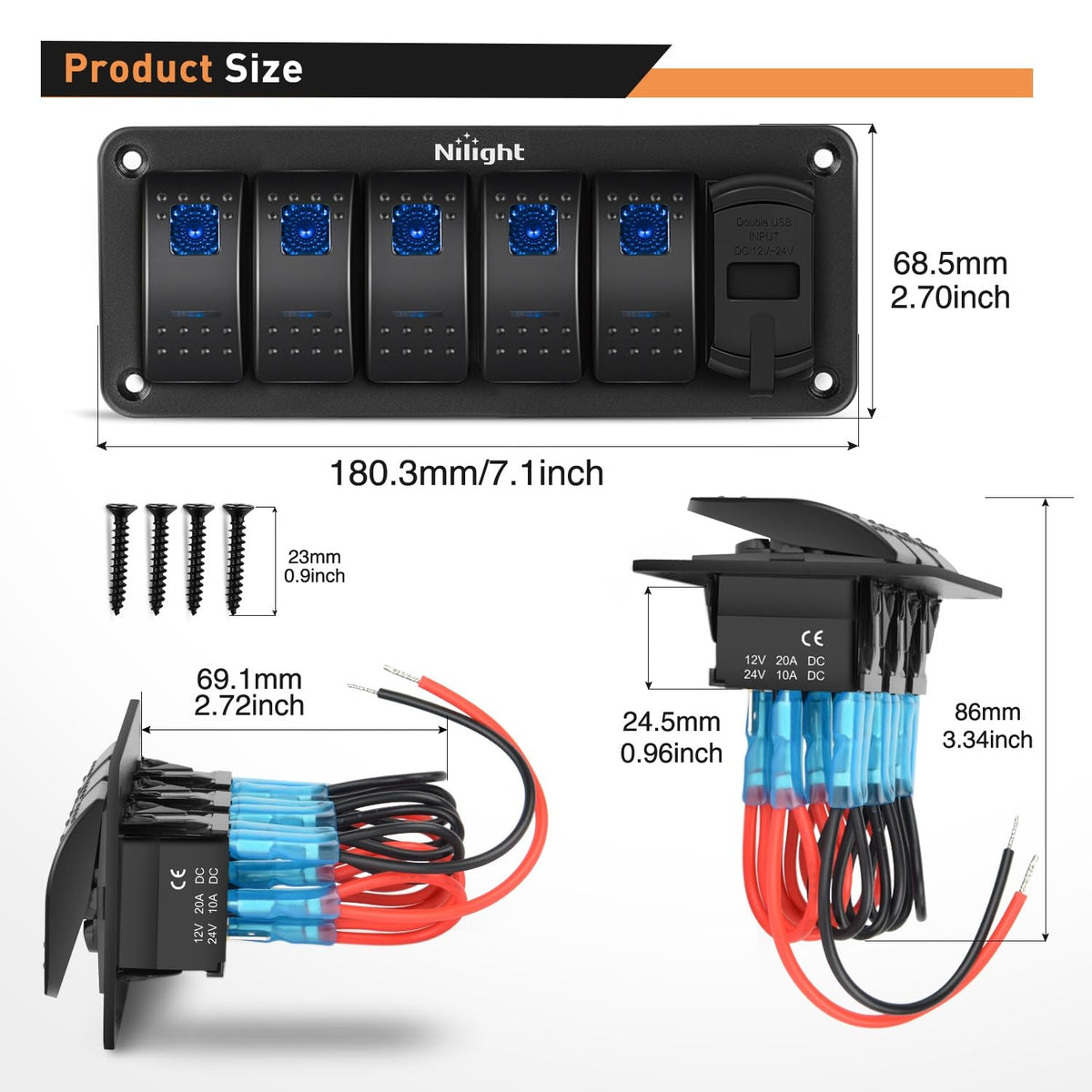 Nilight - Panel de interruptor de 5 bandas con cargador USB dual de 4.8 amperios, voltímetro nocturno, calcomanías impermeables de 12 V 24 V CC para coche, camiones, barcos, vehículos