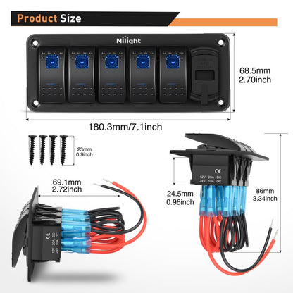 Nilight - Panel de interruptor de 5 bandas con cargador USB dual de 4.8 amperios, voltímetro nocturno, calcomanías impermeables de 12 V 24 V CC para coche, camiones, barcos, vehículos