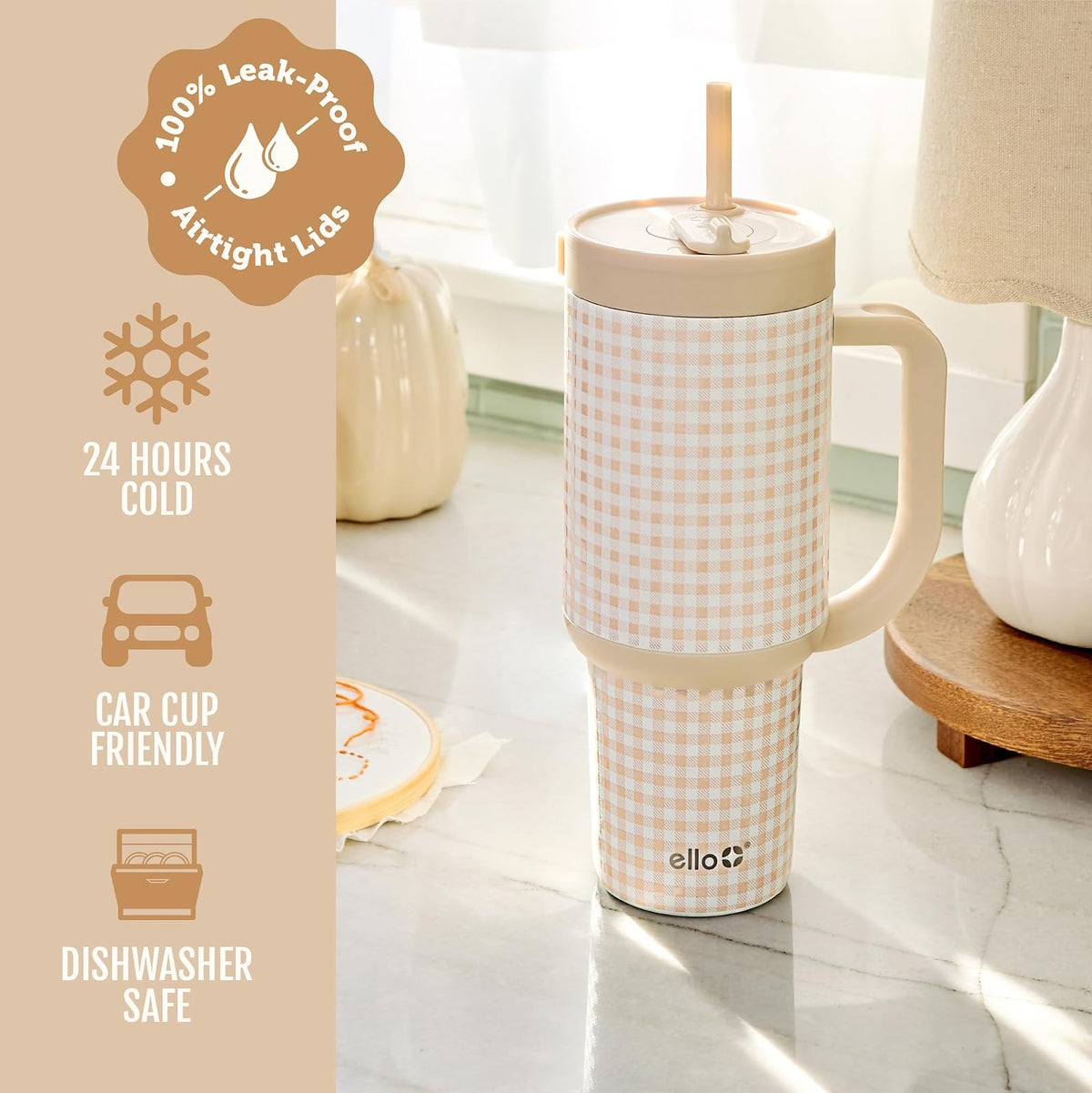 Ello Oasis - Botella de agua de acero inoxidable de 30 onzas, color beige