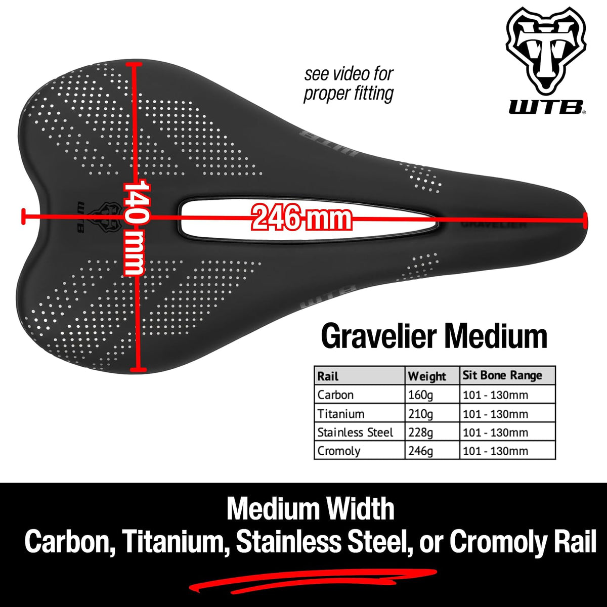WTB - Sillín de Bicicleta con Grava – 246 x 140 mm, Base Flexible con tecnología Fusion Form, Recorte de Alivio perineal para Paseos en Grava y Resistencia – Montaje de Herramienta Integrado