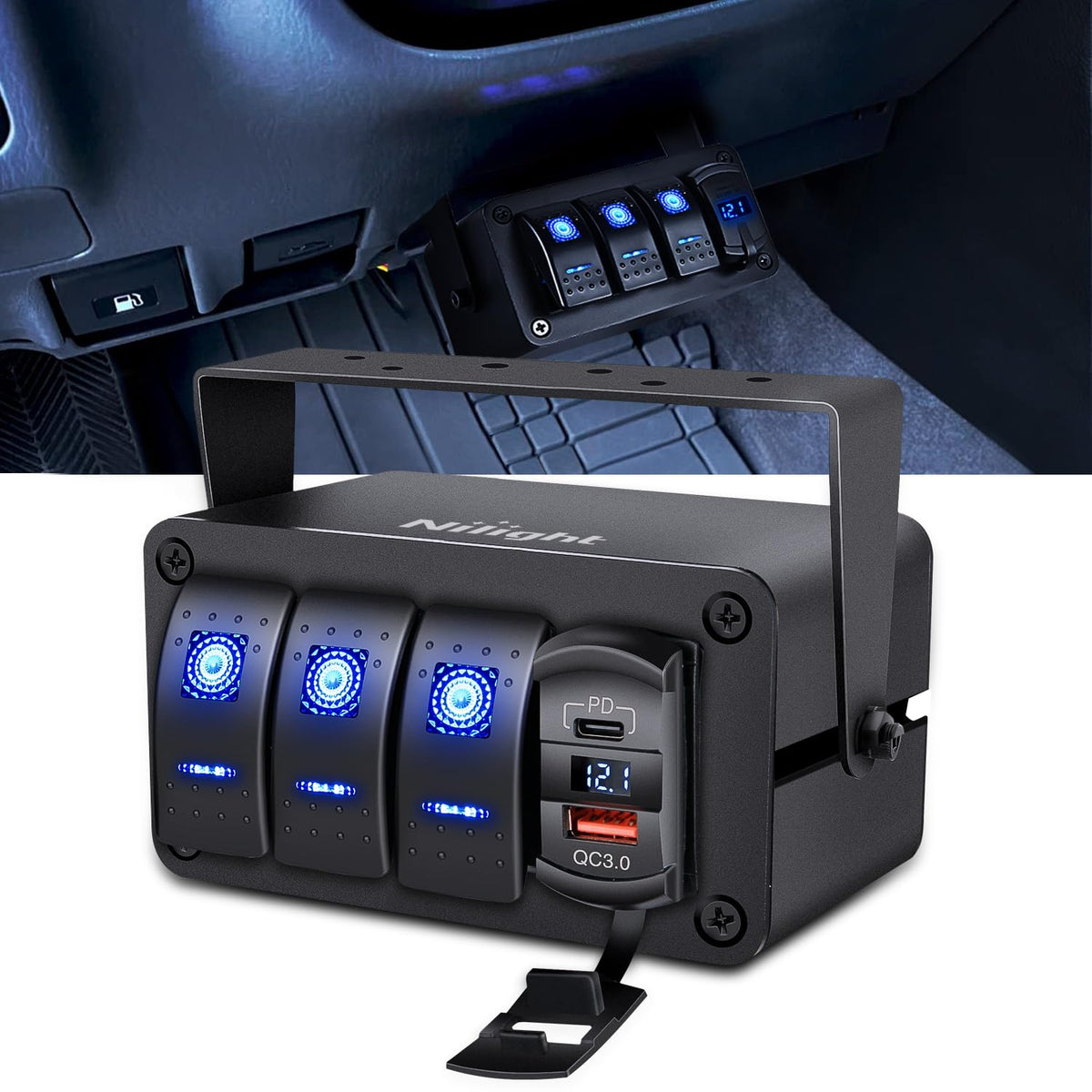Nilight Caja de 3 Interruptores Basculantes SPST 12 V con USB Tipo C, QC 3.0 y Voltímetro, Impermeable, para Barco y Auto