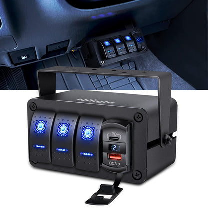 Nilight Caja de 3 Interruptores Basculantes SPST 12 V con USB Tipo C, QC 3.0 y Voltímetro, Impermeable, para Barco y Auto
