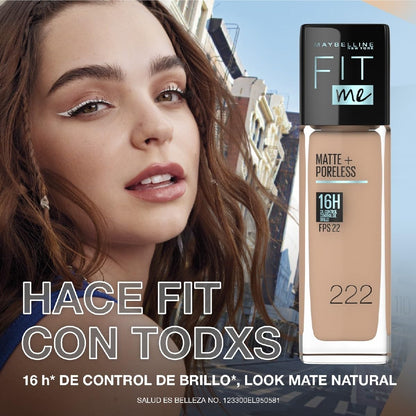 MAYBELLINE Base de Maquillaje Fit Me Matte + Poreless, Natural Buff 230, 30 ml, matifica y controla el brillo, se adapta al tono y la textura de la piel, tiene FPS 22, piel sin poros