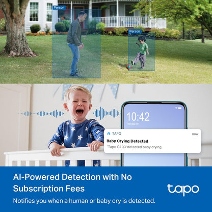 Tapo - Cámara de Seguridad para Interiores y Exteriores, 2K de 3 megapíxeles, detección y Seguimiento de gritos de Persona/bebé, visión Nocturna de 360°, Almacenamiento SD/Nube, Funciona con Alexa y