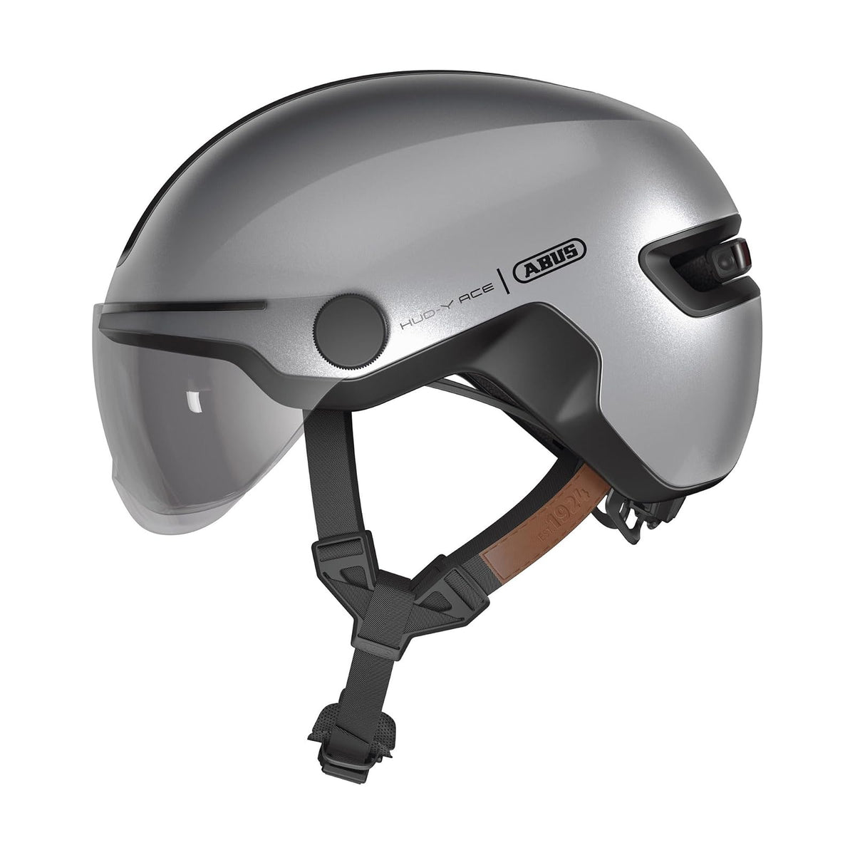 ABUS Casco Urbano HUD-Y Ace - Elegante Casco de Bicicleta con Visera y luz LED Trasera magnética y Recargable - para Hombre y Mujer - Plata, Talla M