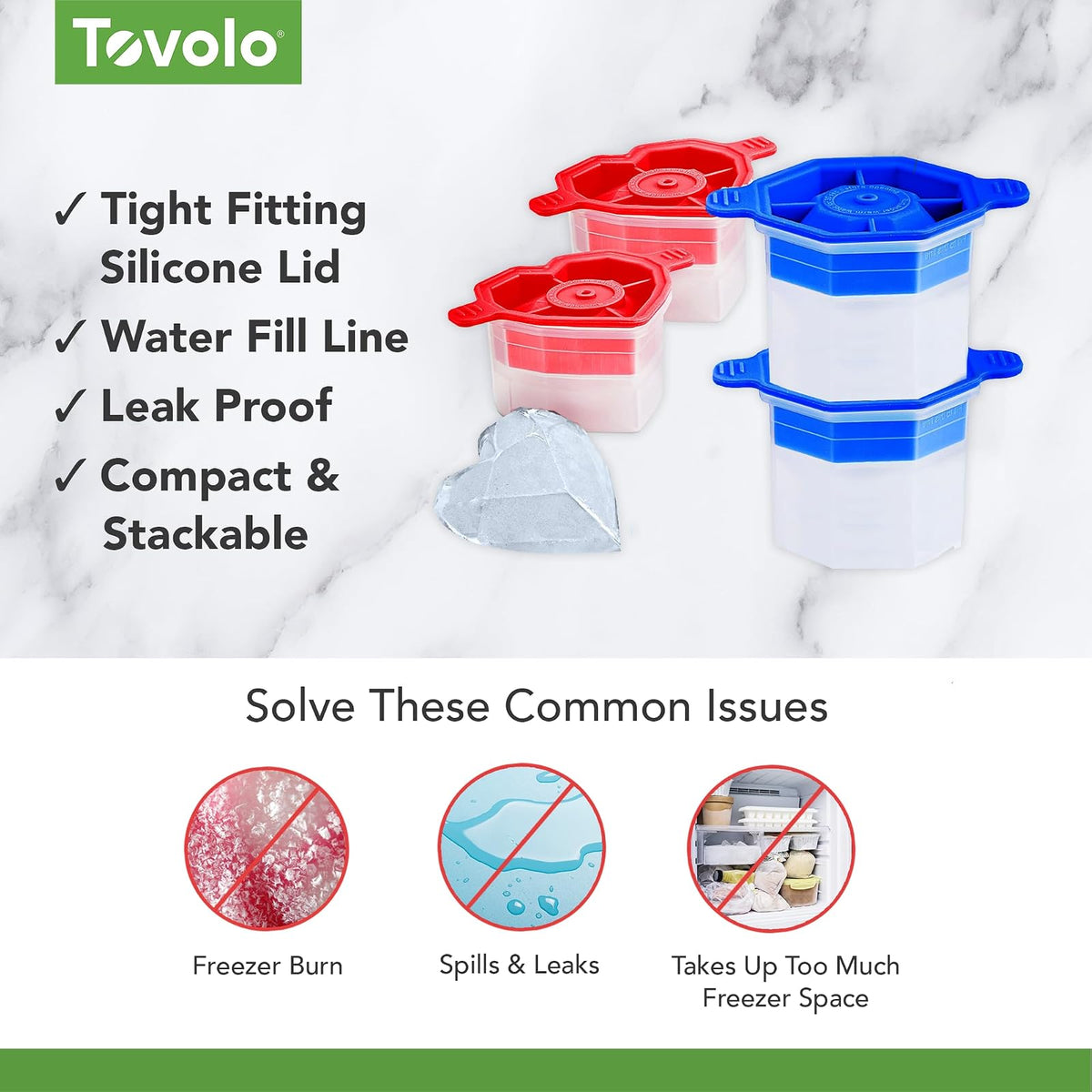 Tovolo - Juego de 4 moldes de hielo para celebración, 2 moldes de hielo grandes en forma de corazón y 2 diamantes para whisky, bourbon, cócteles y más, cubitos de hielo de fusión lenta, almacenamiento