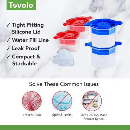 Tovolo - Juego de 4 moldes de hielo para celebración, 2 moldes de hielo grandes en forma de corazón y 2 diamantes para whisky, bourbon, cócteles y más, cubitos de hielo de fusión lenta, almacenamiento
