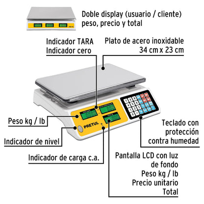 Truper BASE-40P, Báscula electrónica multifunciones, capacidad 40 kg