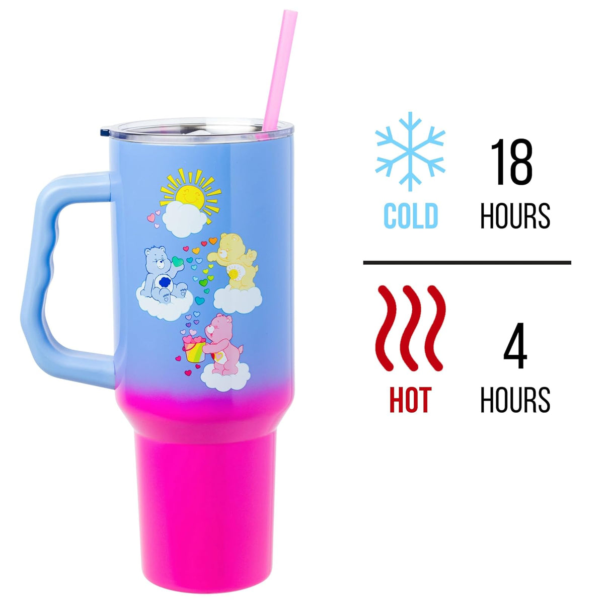 Silver Buffalo Care Bears con oso gruñón, Funshine y Love-A-Lot Bear Heart Showers Vaso de acero inoxidable de doble pared con mango y popote, se adapta a portavasos estándar, 40 onzas