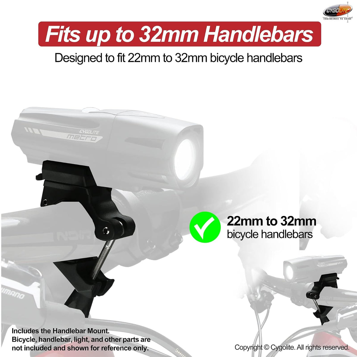Cygolite Soporte de manubrio de 22 a 32 mm para Todas Las Luces de Bicicleta de la Serie Ranger, Metro y Streak, diseñado para manubrio de Bicicleta de 22 a 32 mm de diámetro, Soporte Genuino