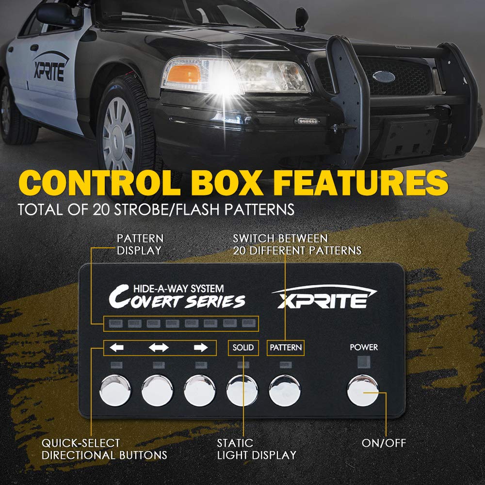 Xprite - Kit 8 luces estroboscópicas LED ocultas tipo policía, blanco ámbar, 20 patrones parpadeo c/panel de control p/faros delanteros, traseros, luces advertencia p/vehículo emergencia, camión, SUV