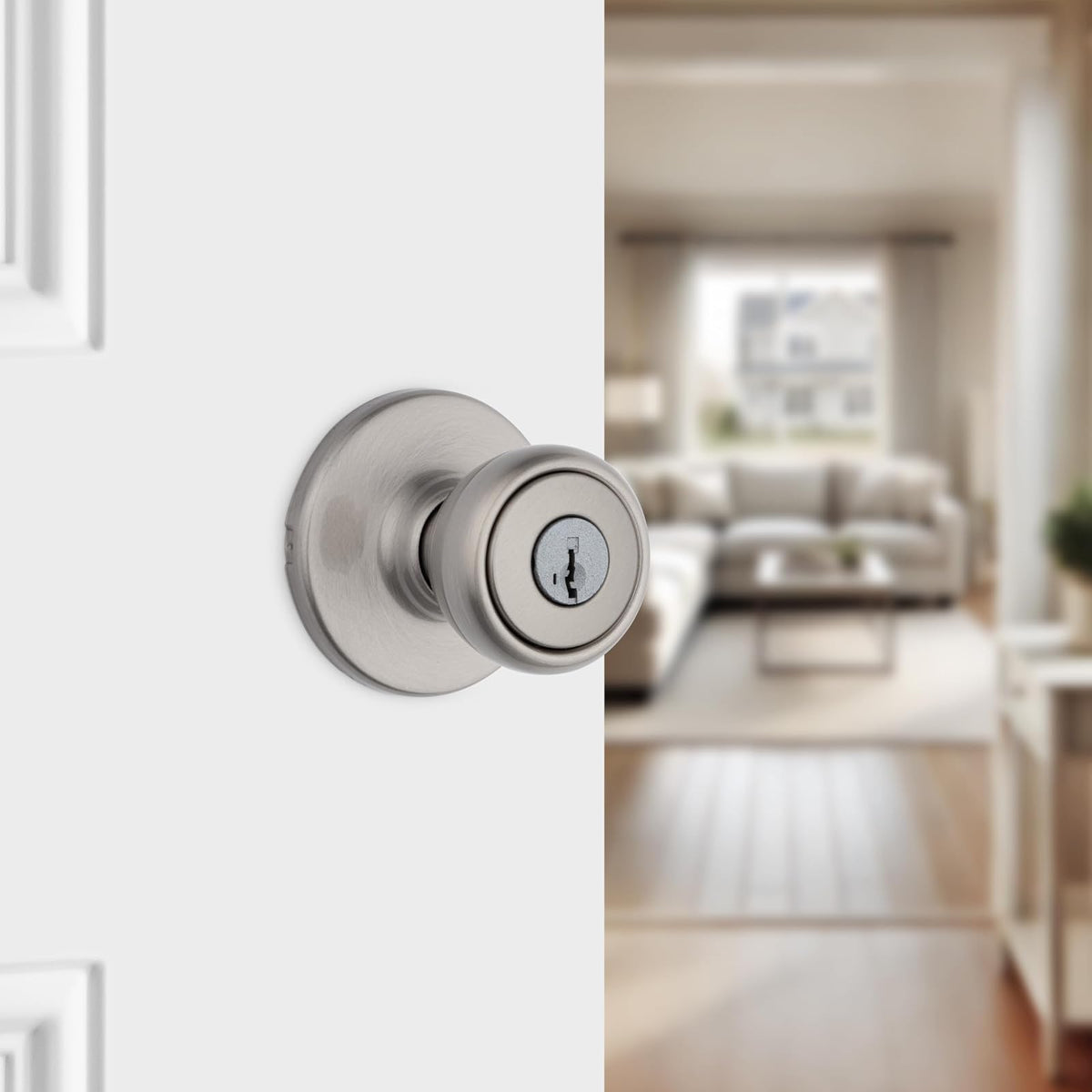 Kwikset Tylo - perilla para puerta de entrada con cerradura y llave, mango con llave segura exterior, entrada frontal y recámara, níquel satinado, seguridad SmartKey Rekey y Microban