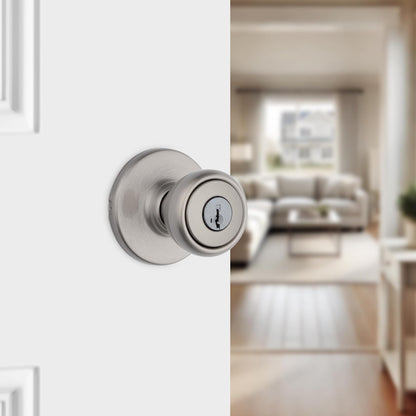 Kwikset Tylo - perilla para puerta de entrada con cerradura y llave, mango con llave segura exterior, entrada frontal y recámara, níquel satinado, seguridad SmartKey Rekey y Microban