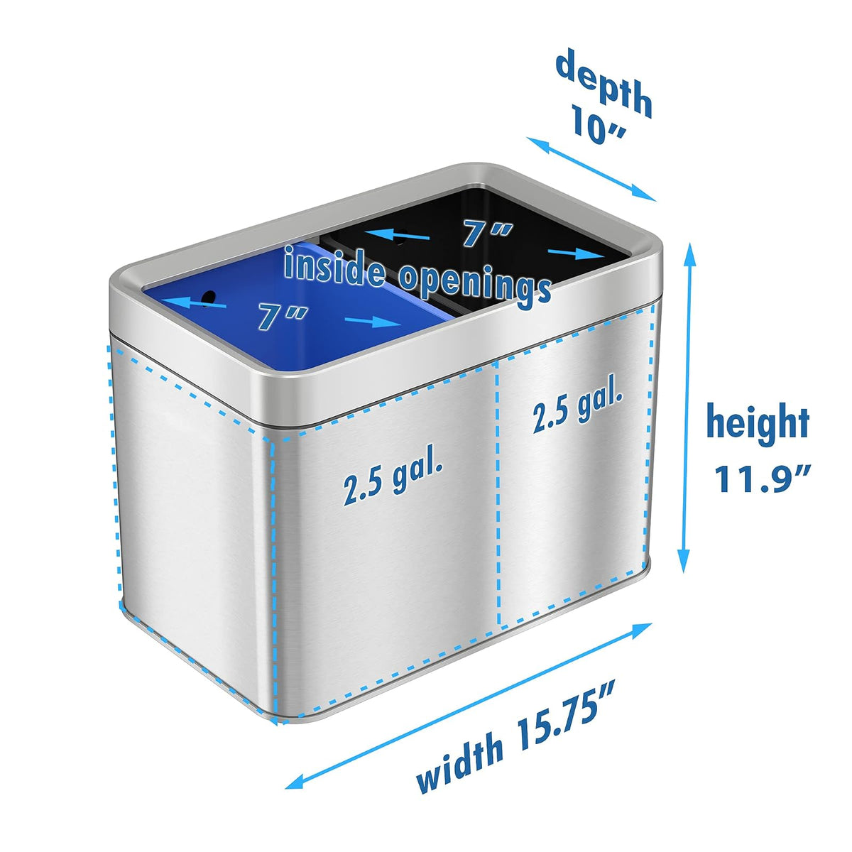 iTouchless - cubeta de basura de acero inoxidable de 20 litros (5.3 galones), con doble compartimiento para basura y contenedor de reciclaje, papelera de acero inoxidable de 20 litros