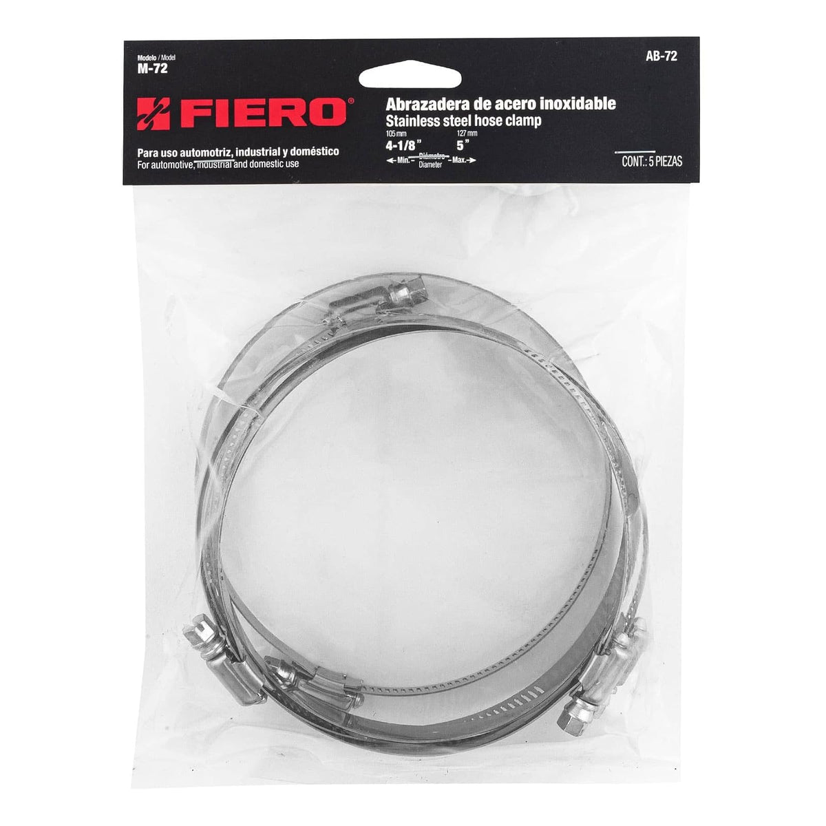 Fiero AB-72, Bolsa con 5 abrazaderas sin fin reforzadas #72, 4-1/8 - 5"