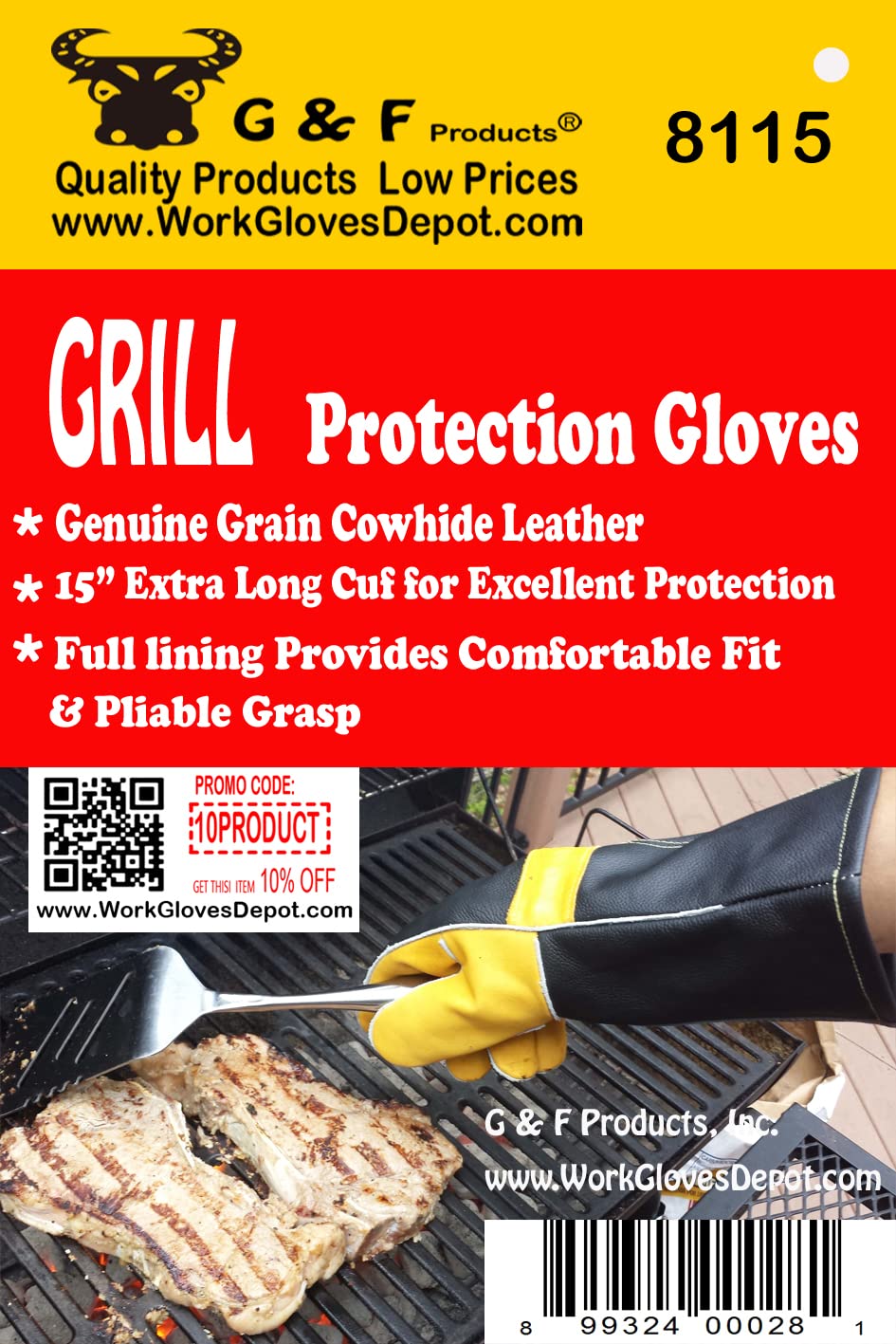 G & F TOP 8115 Premium GRAIN LEATHER, Best of Barbecue, Grill, hearth Leather Gloves, Cotton lining with 14.5-Inch Extra Long Sleeve