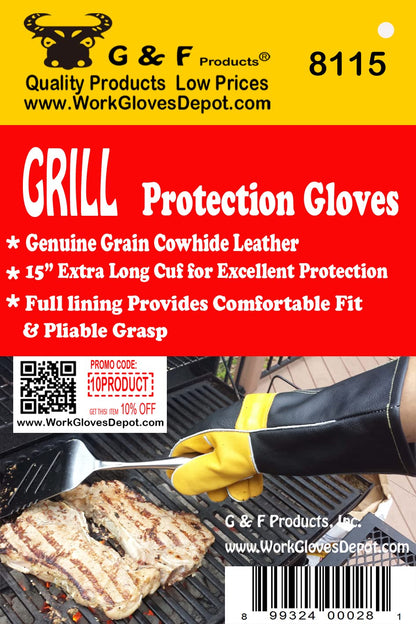G & F TOP 8115 Premium GRAIN LEATHER, Best of Barbecue, Grill, hearth Leather Gloves, Cotton lining with 14.5-Inch Extra Long Sleeve