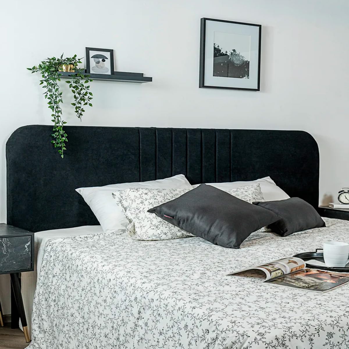 Sochic Cabecera para Cama Tamaño Individual y Matrimonial Tapizada en Tela Chenille Negra con Estructura de Madera Industrial.