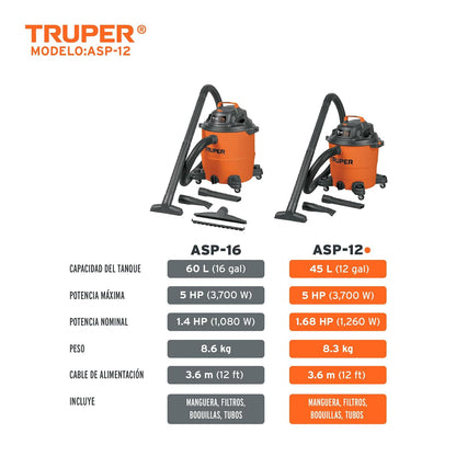 Truper - ASP-12 Aspiradora de sólidos y líquidos de 12 GAL, plástica