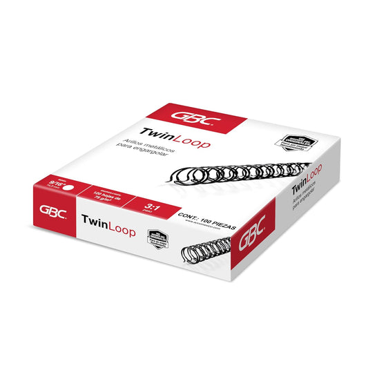 GBC Anillo Metálico TwinLoop Paso 3:1 de 9/16" Color Negro, Capacidad 120 Hojas, Encuadernación Doble Espiral, Caja con 100 Piezas. P7245